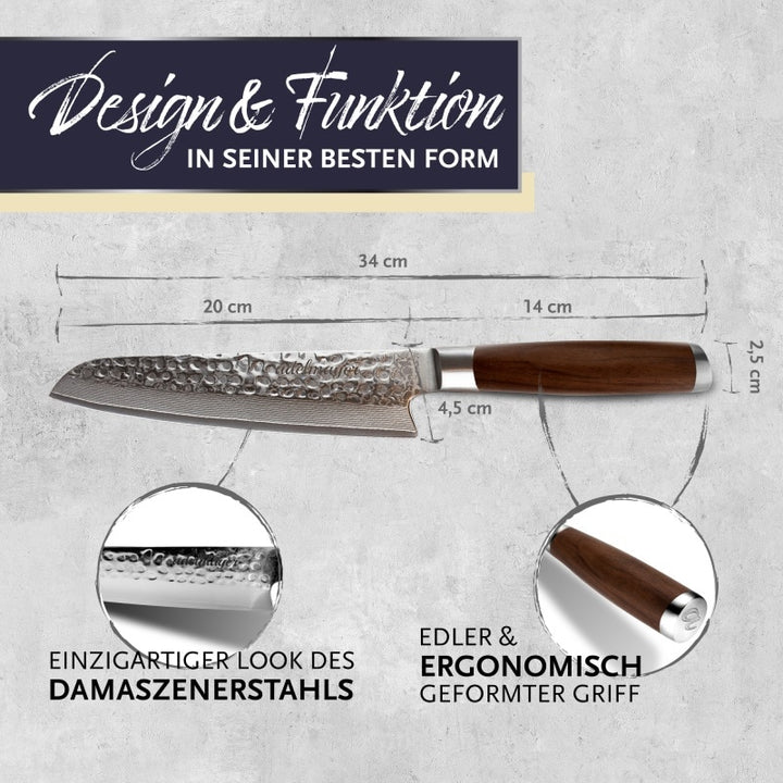 adelmayer® Damastmesser Santokumesser 17,5 cm handgeschliffen und mit Walnussgriff - Boatcamper